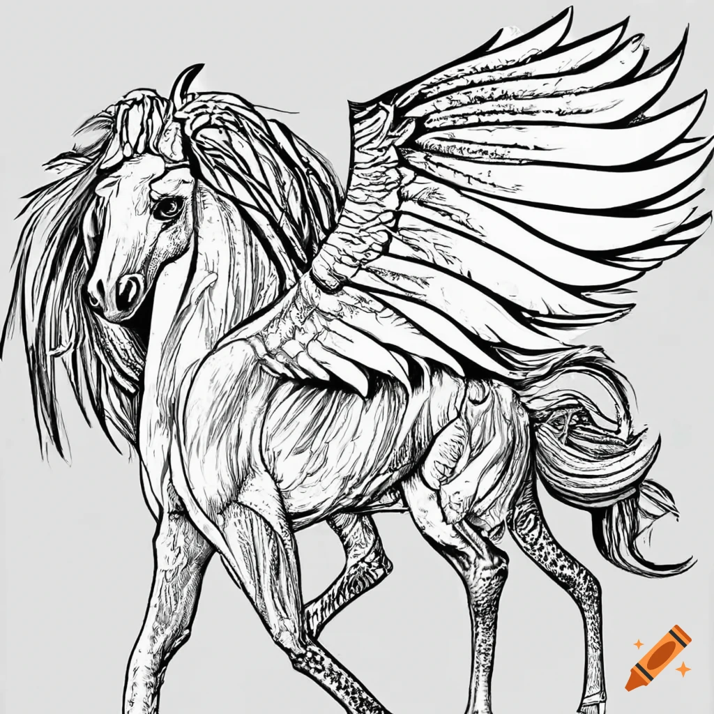 Black and white coloring page of a pegasus