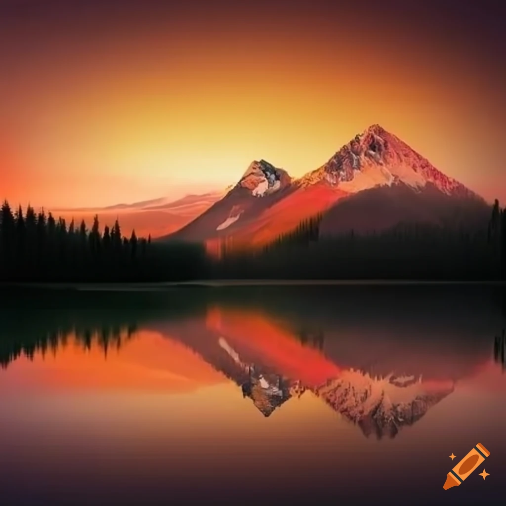 Serene mountain landscape at sunset with a clear lake reflecting ...