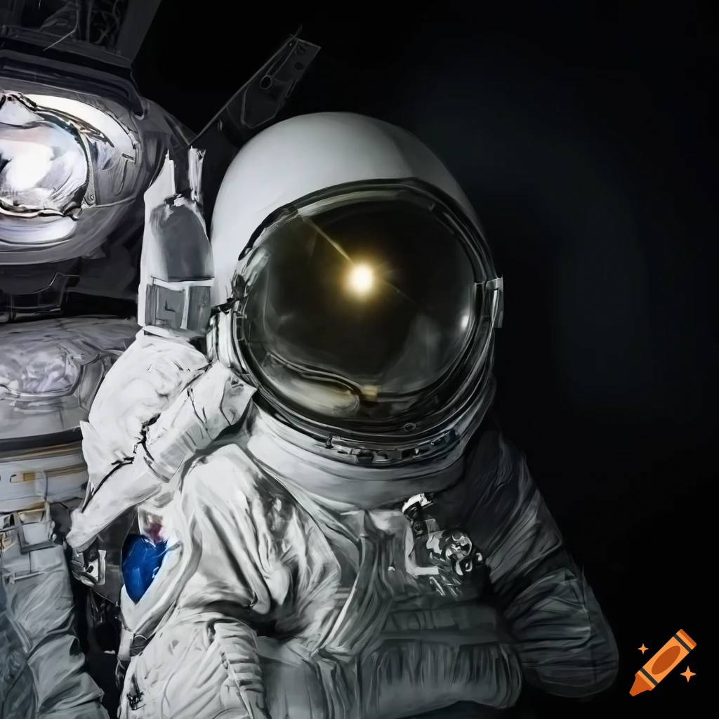 Daring astronaut in front of futuristic spaceship