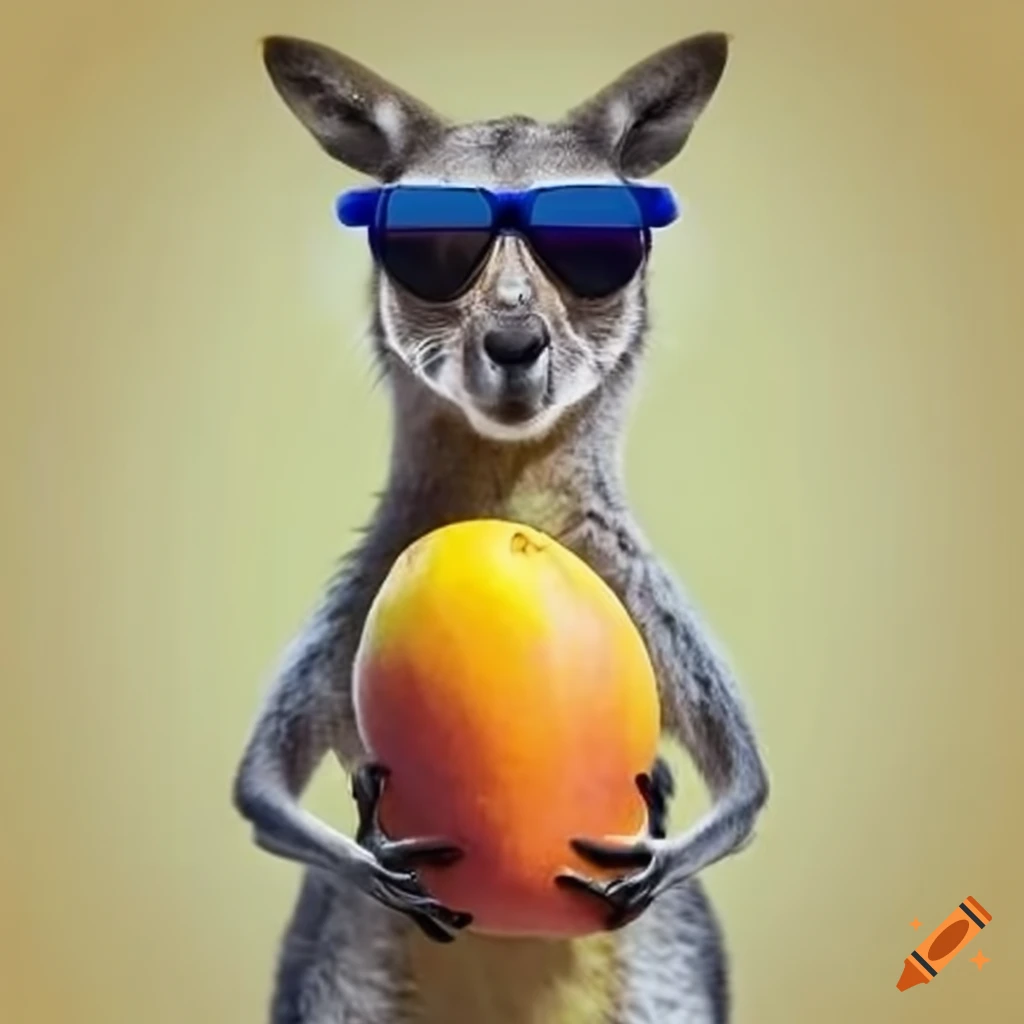 Kangaroo with a mango wearing sunglasses in its pouch