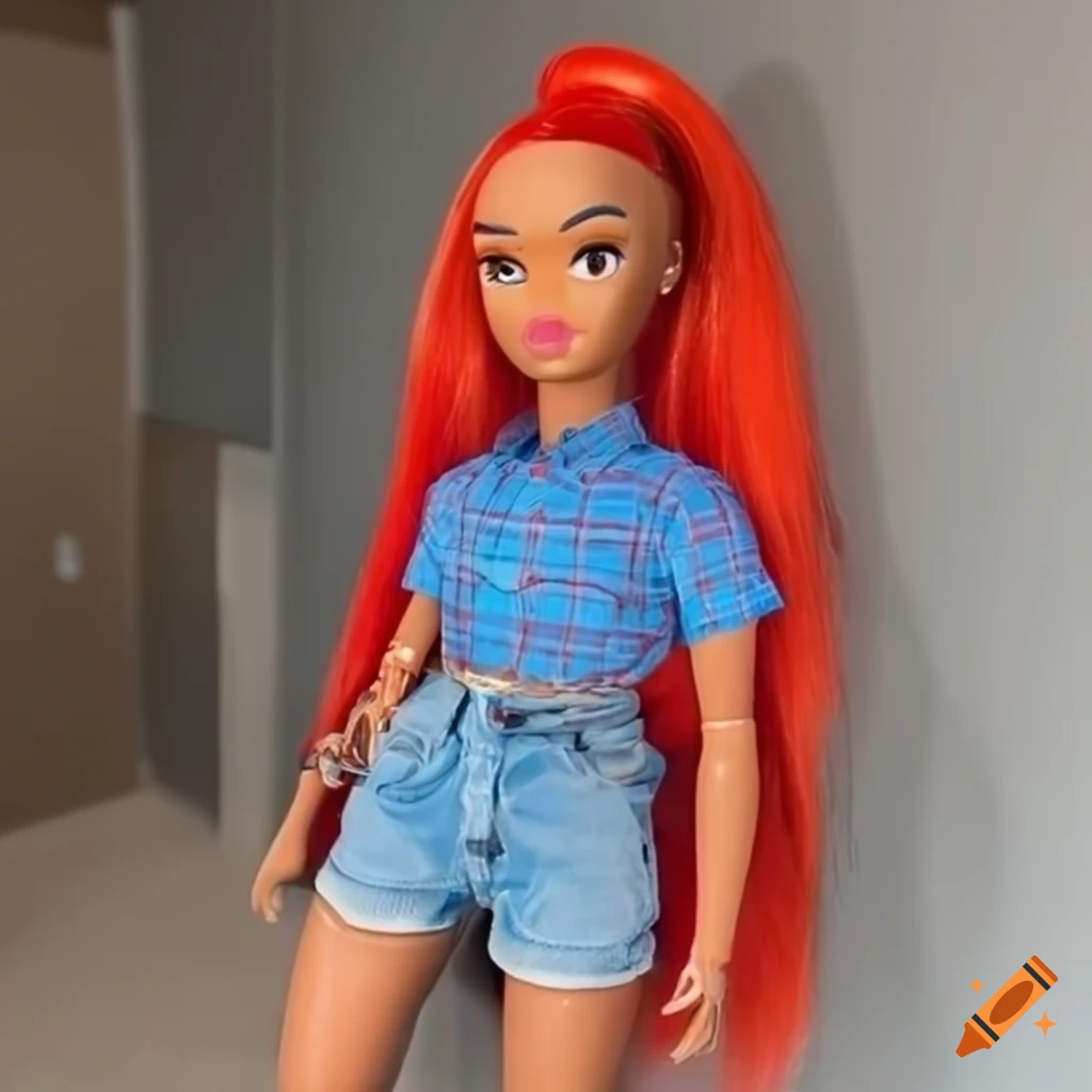 Brown doll with red ponytail in blue casual outfit