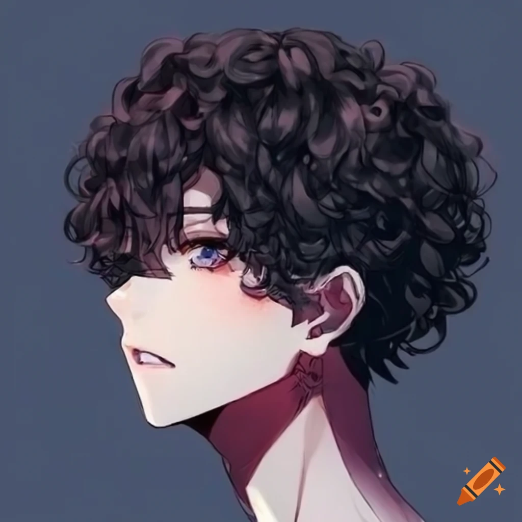 Anime boy with black curly hair and green eyes looking sad
