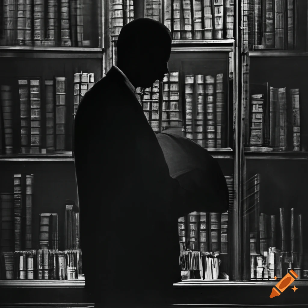 Silhouette of a man in a 1930s library