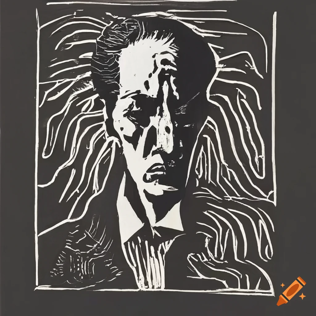 Intense emotional portrait of a man in monochromatic linocut style