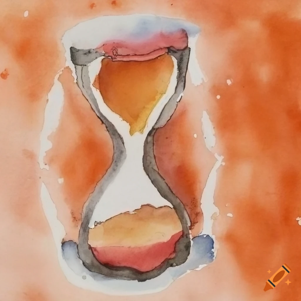 Amateur watercolor painting of a floating hourglass in space