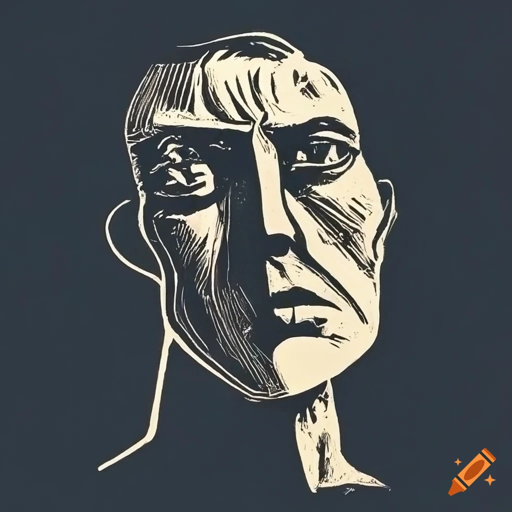 Intense emotional portrait of a man in monochromatic linocut style