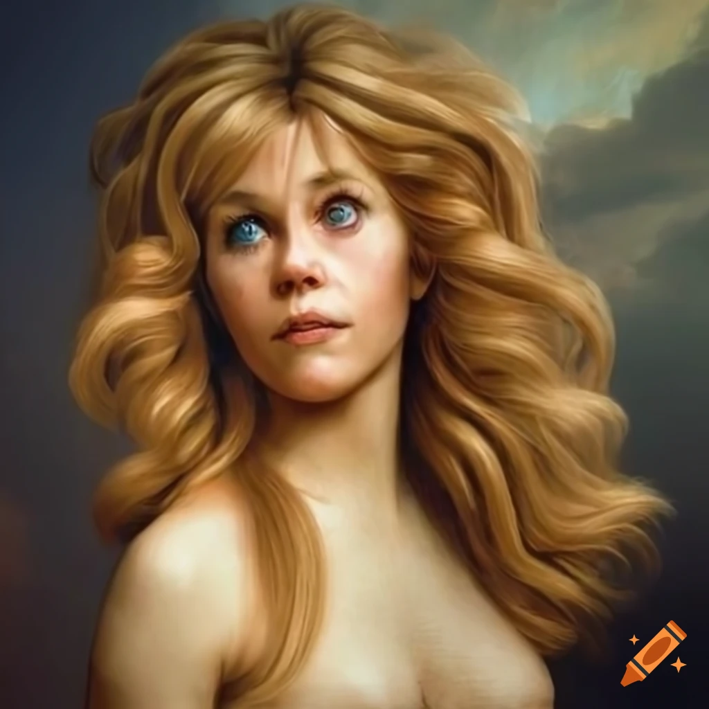 Hyperrealistic Birth of Venus inspired by Jane Fonda with realistic hair