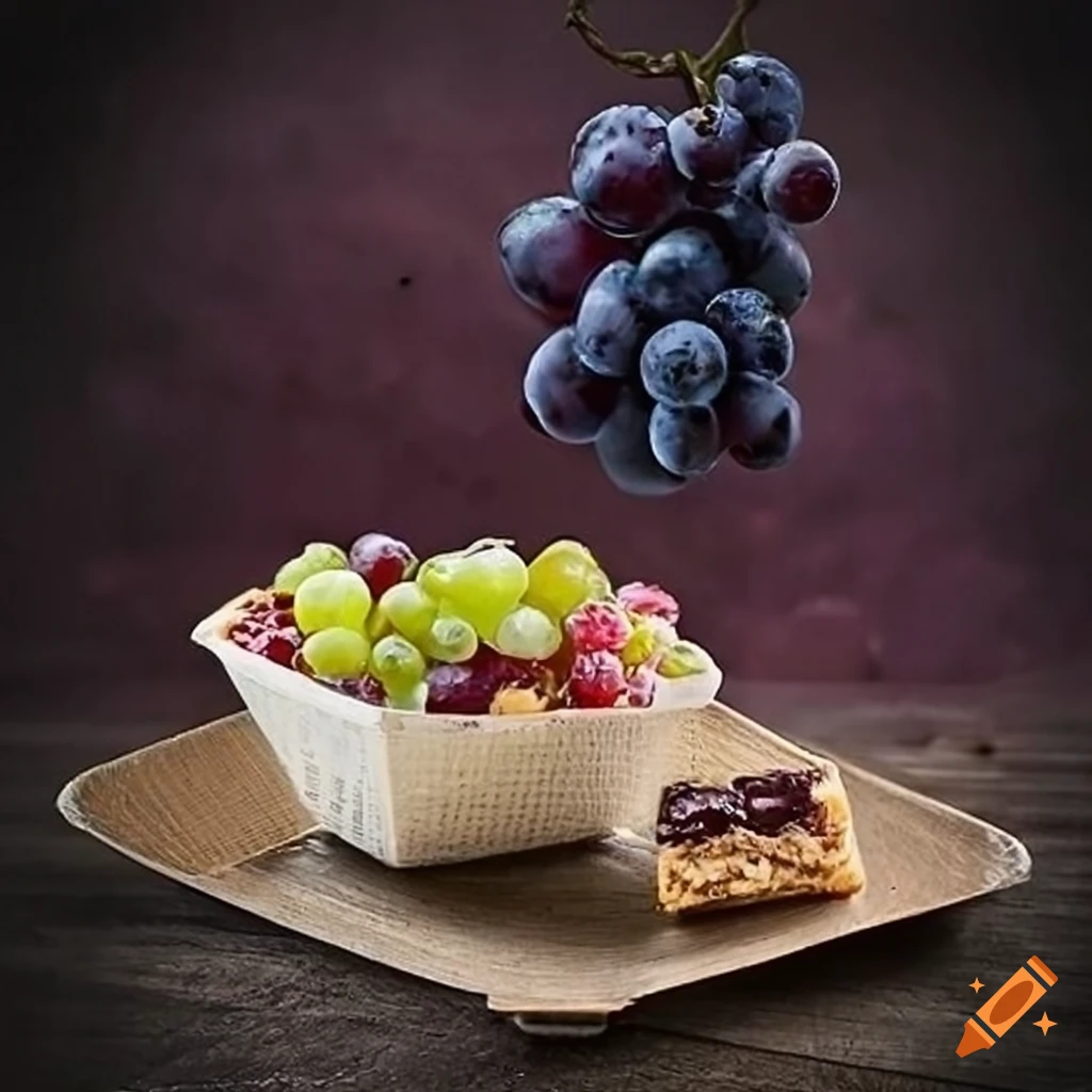 Delicious snack with grapes, muesli bar, and berry yogurt in a biodegradable container