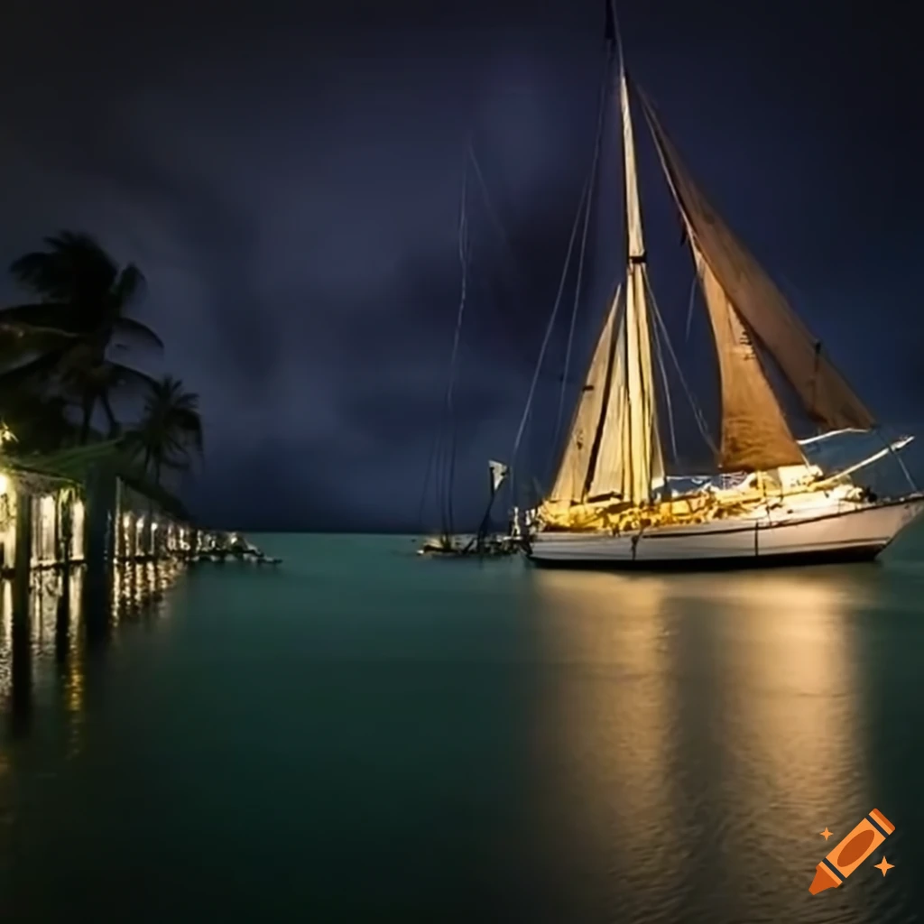 Sailboat tied to a pier in Key West with light rain at night