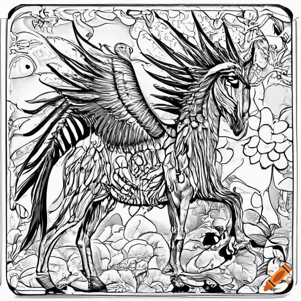 Black and white coloring page of a pegasus