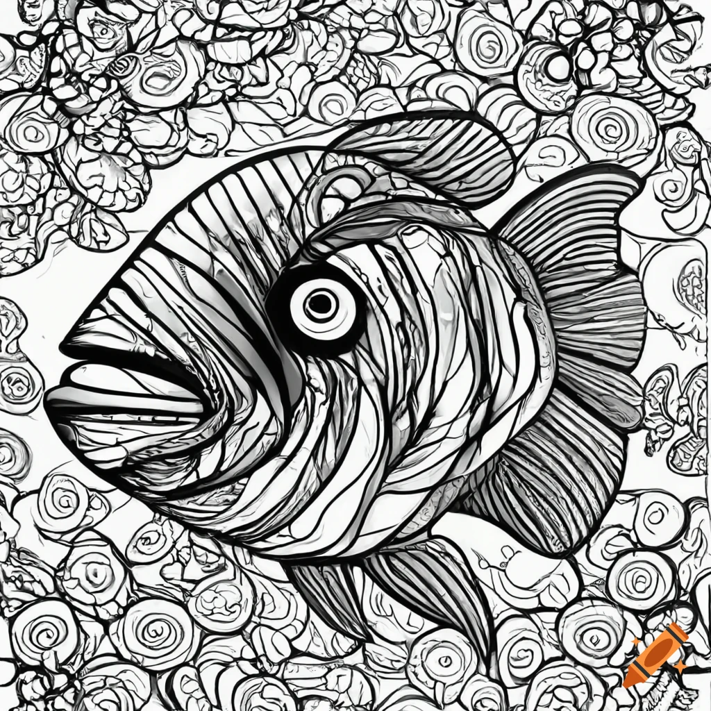 Black and white coloring page of a fish