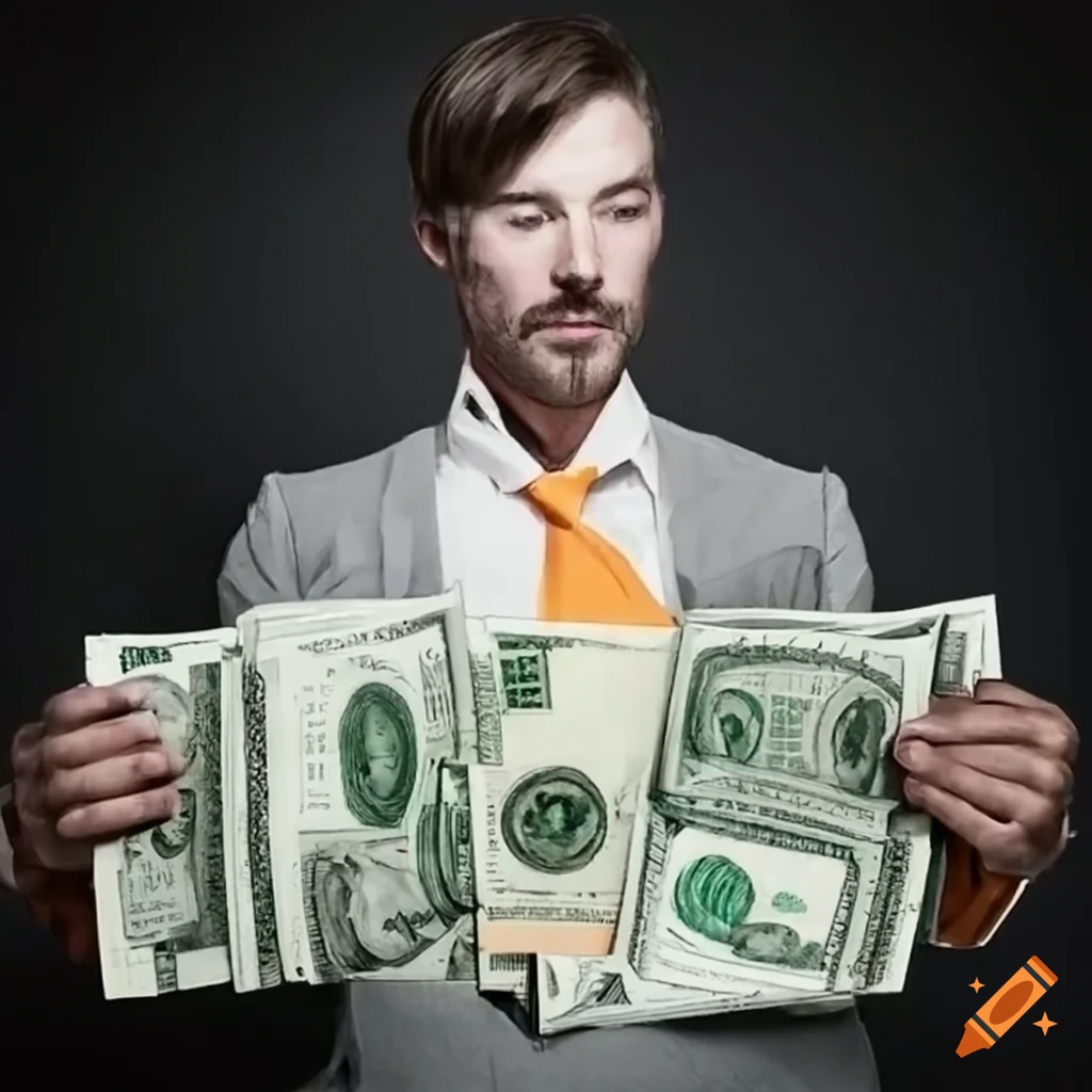 Man surrounded by money stacks