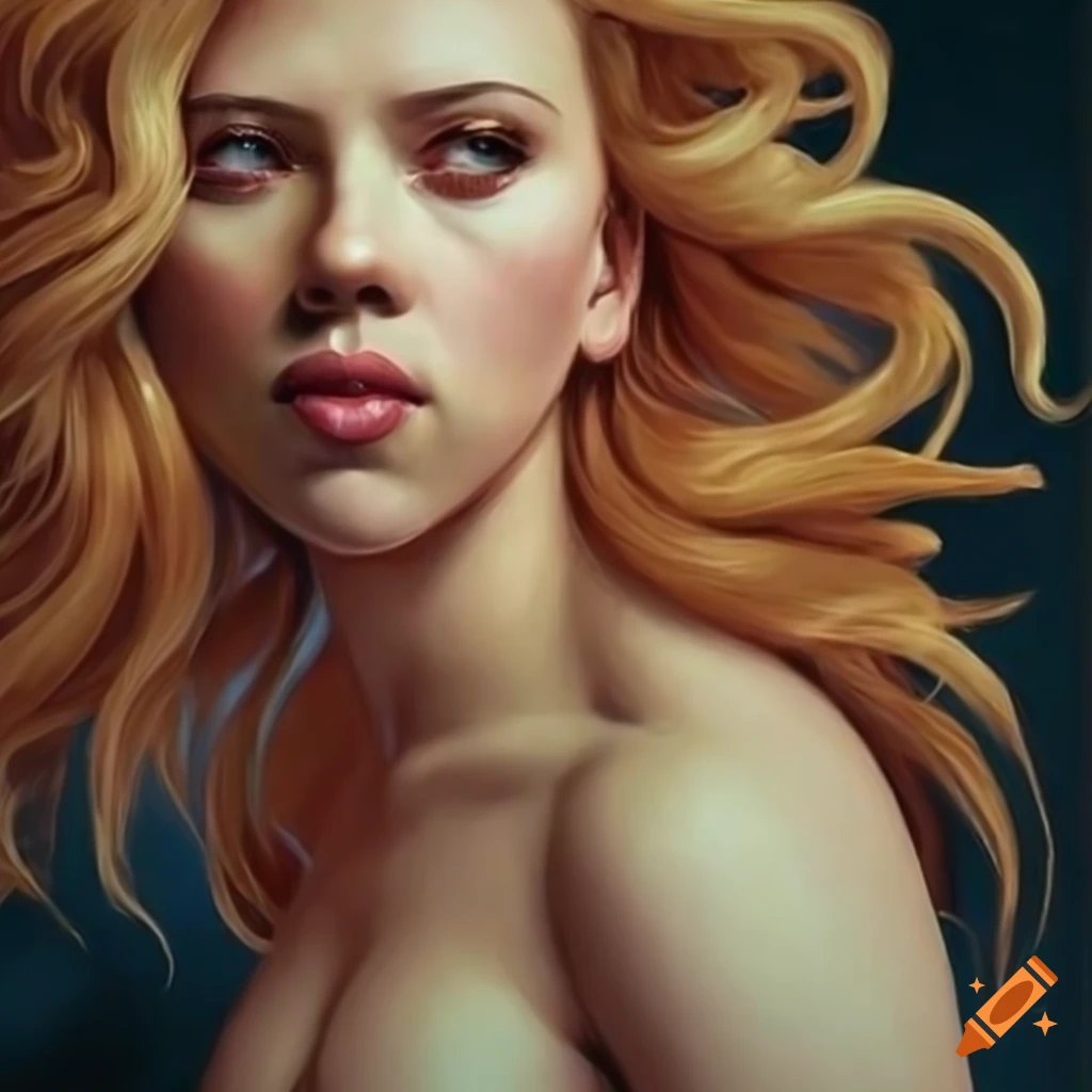 Hyperrealistic rendition of Birth of Venus with Scarlett Johansson, realistic hair
