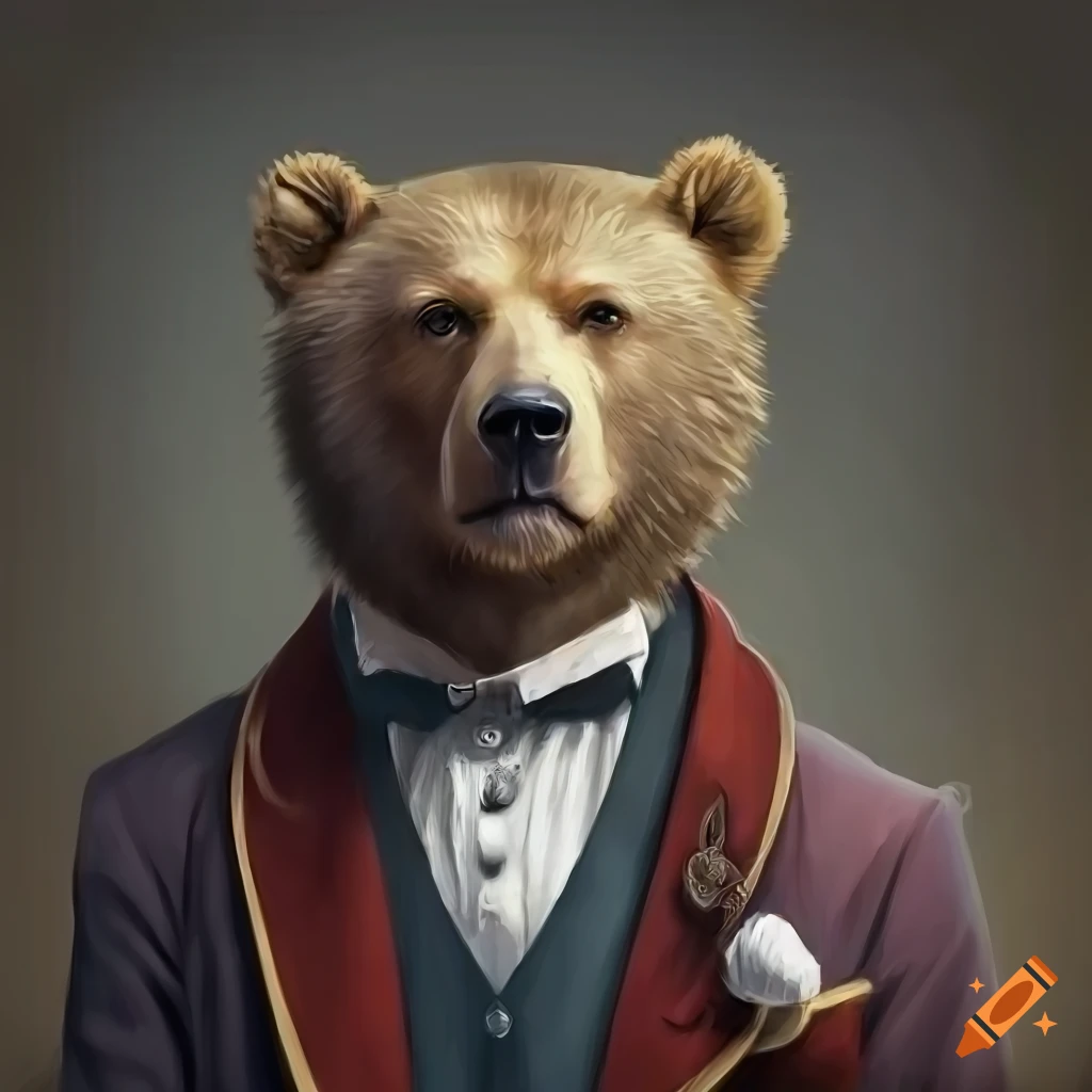 Thoughtful bear in gentleman style in a Victorian hallway with dramatic lighting
