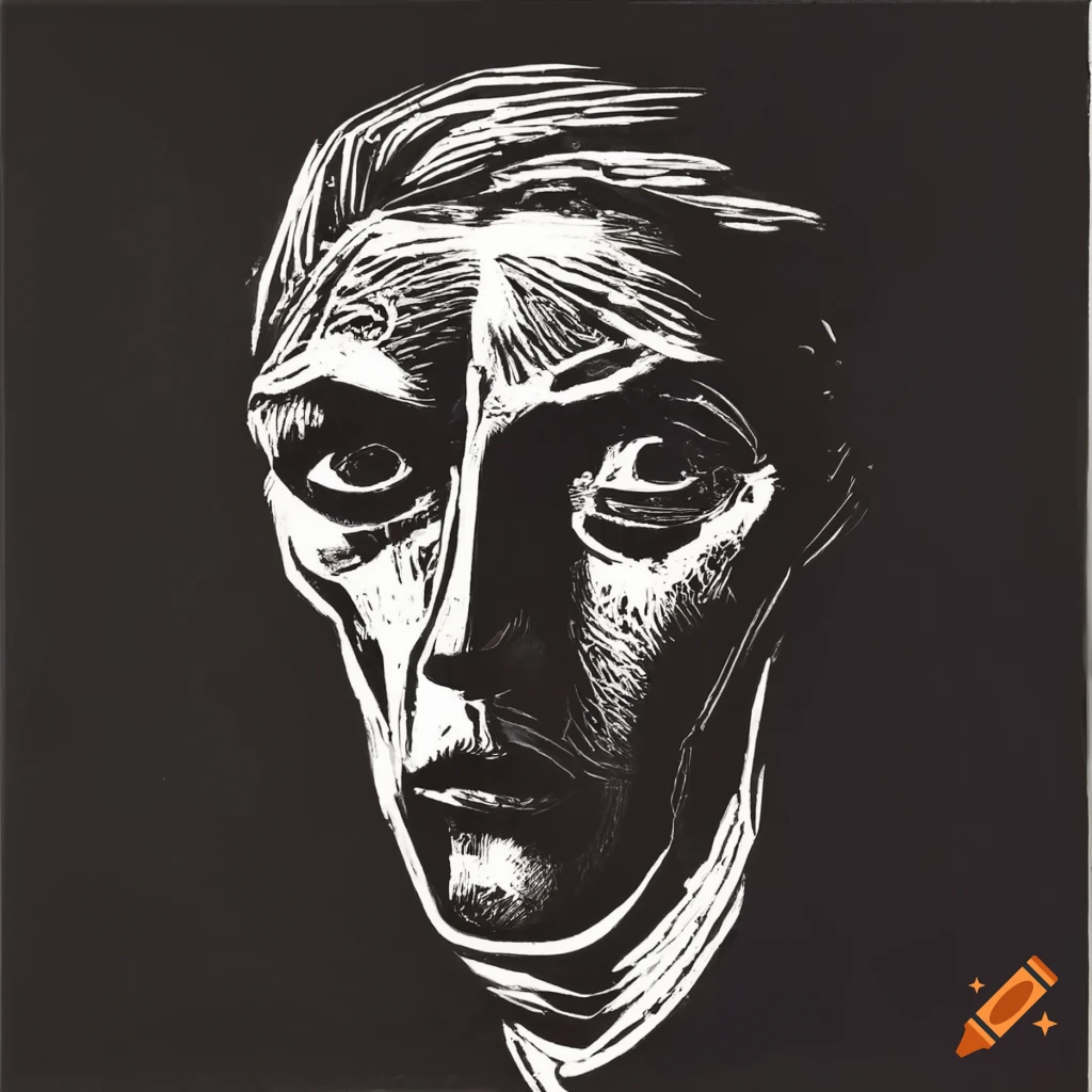 Intense emotional portrait of a man in monochromatic linocut style