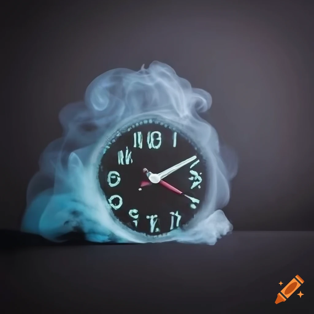 Chalk drawing of an analog clock with smoke on a blackboard