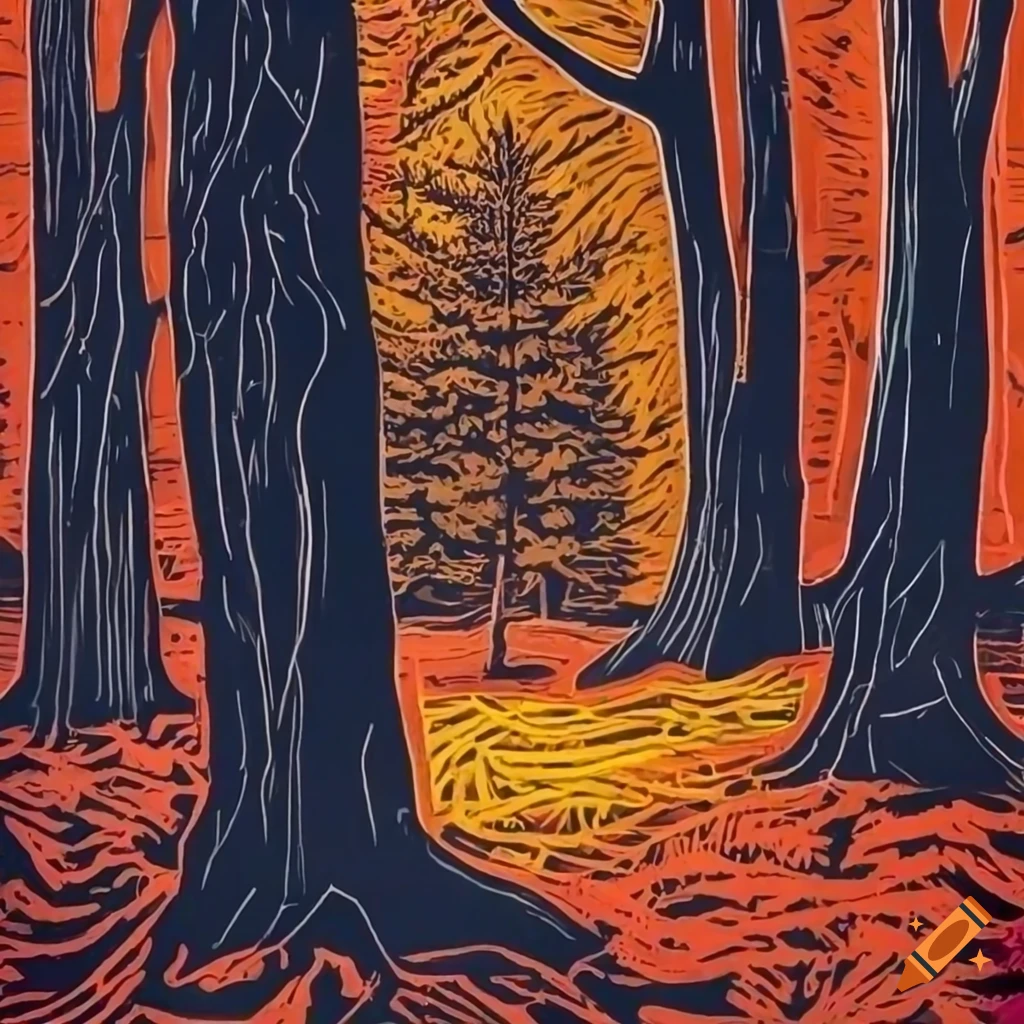 Autumn woods at night in a linocut style