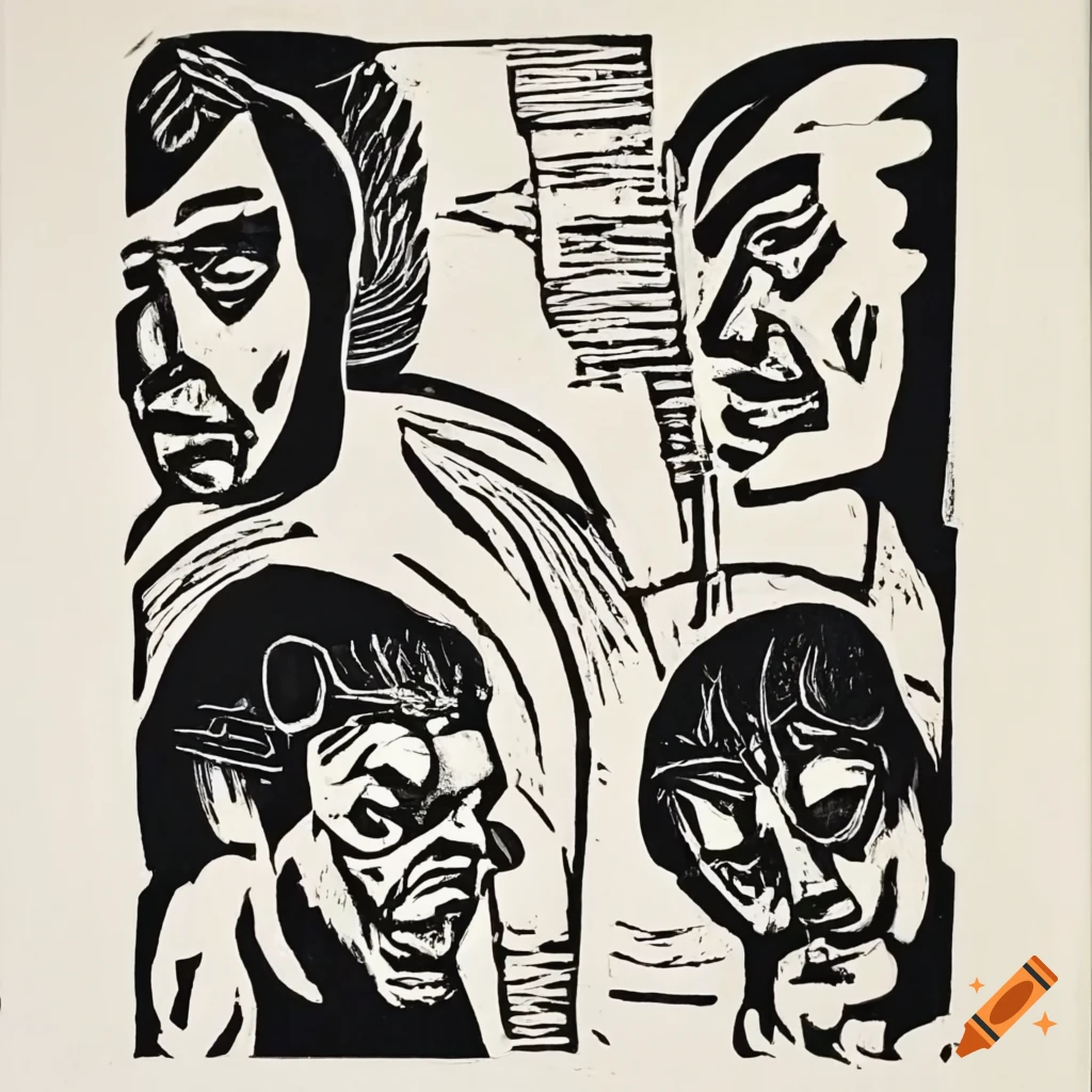 Lino woodcut artwork depicting angry men with surreal symbols in a style reminiscent of Kirchner