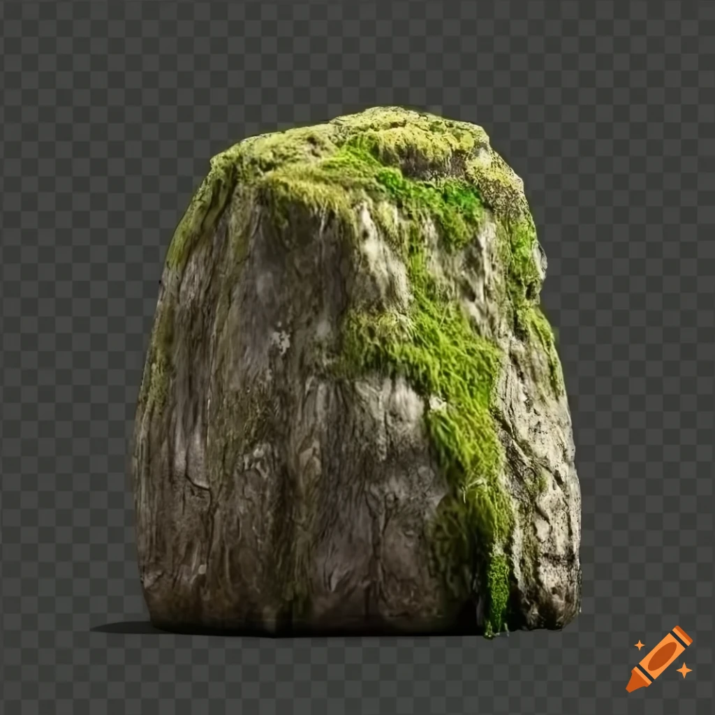 Mossy boulder with flat top on transparent background
