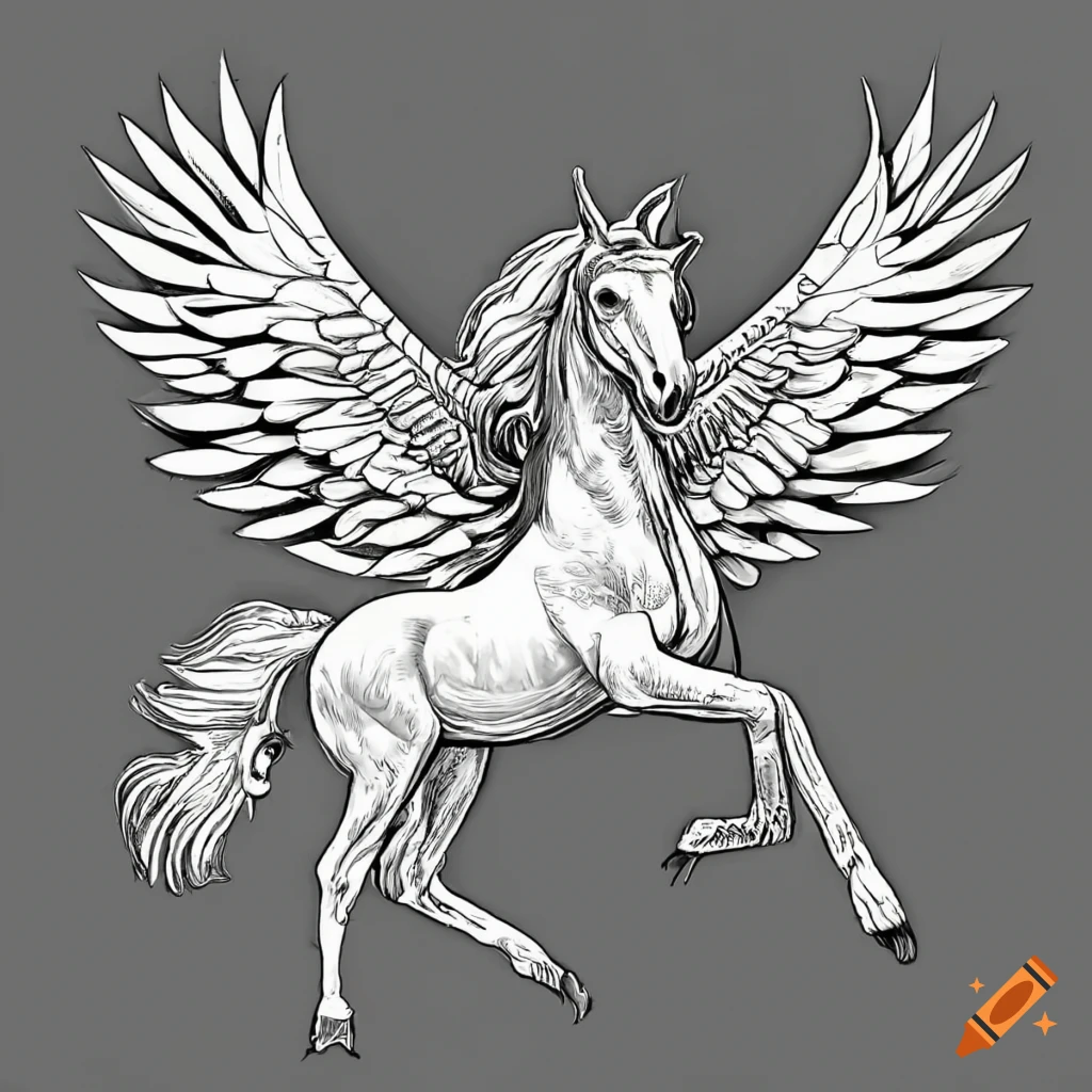 Black and white coloring page of a pegasus