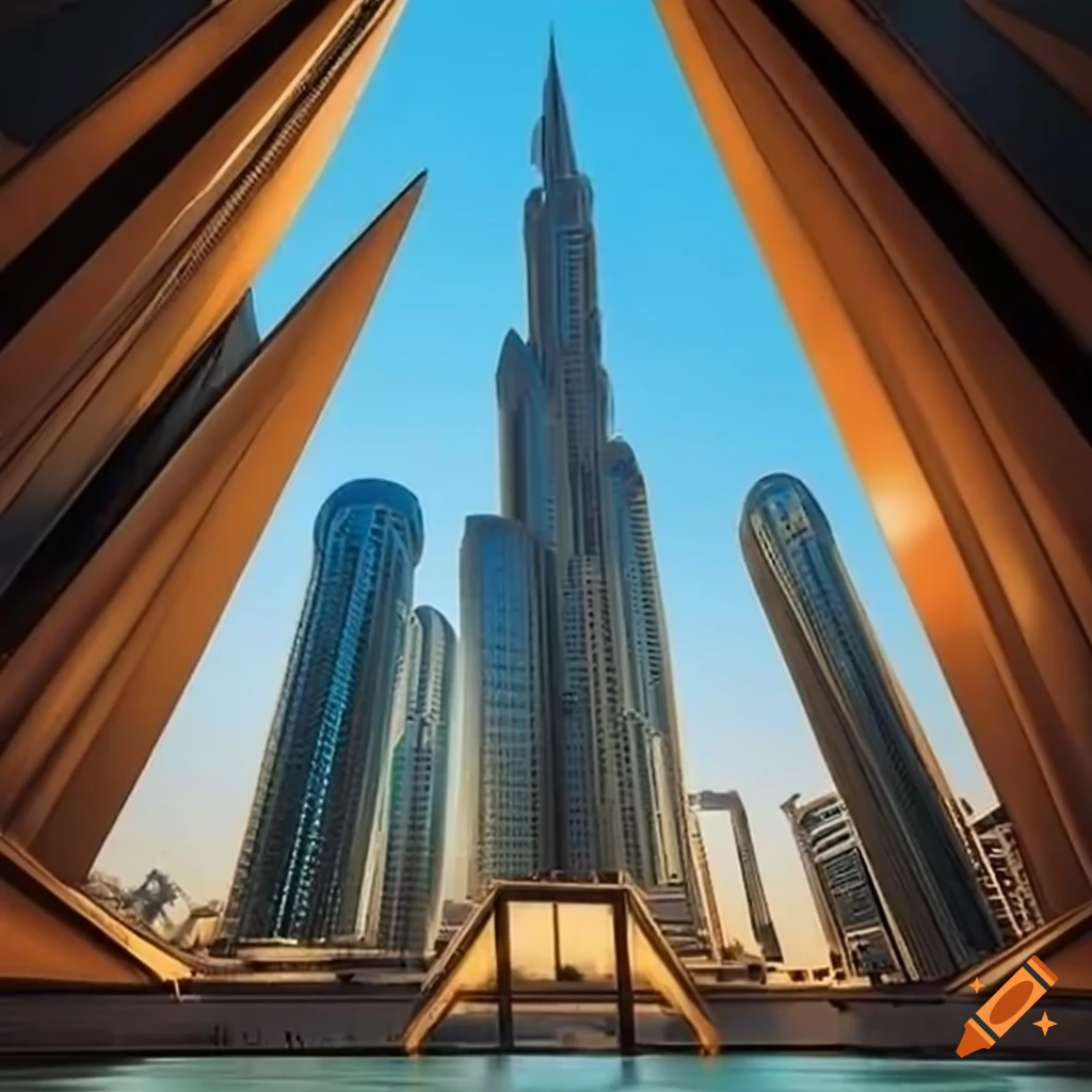 Low-angle view of Dubai's modern cityscape with geometric buildings