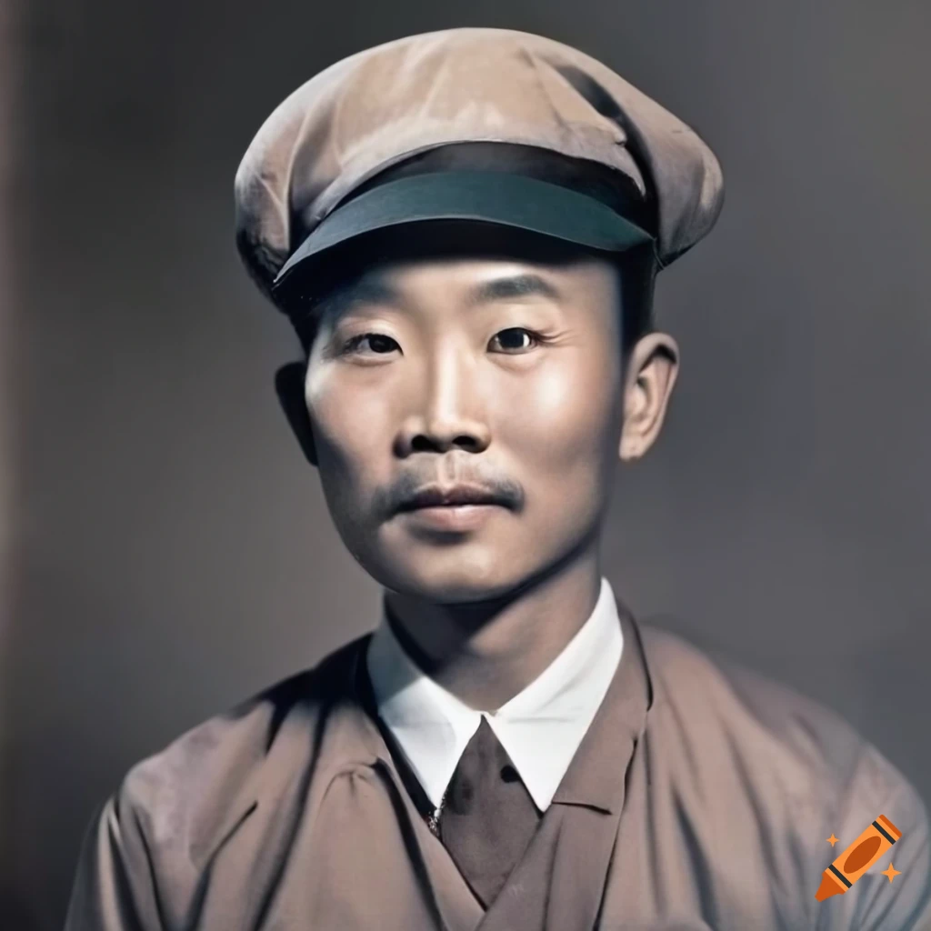 Vintage portrait of a cool Asian man in 1940s mechanic uniform