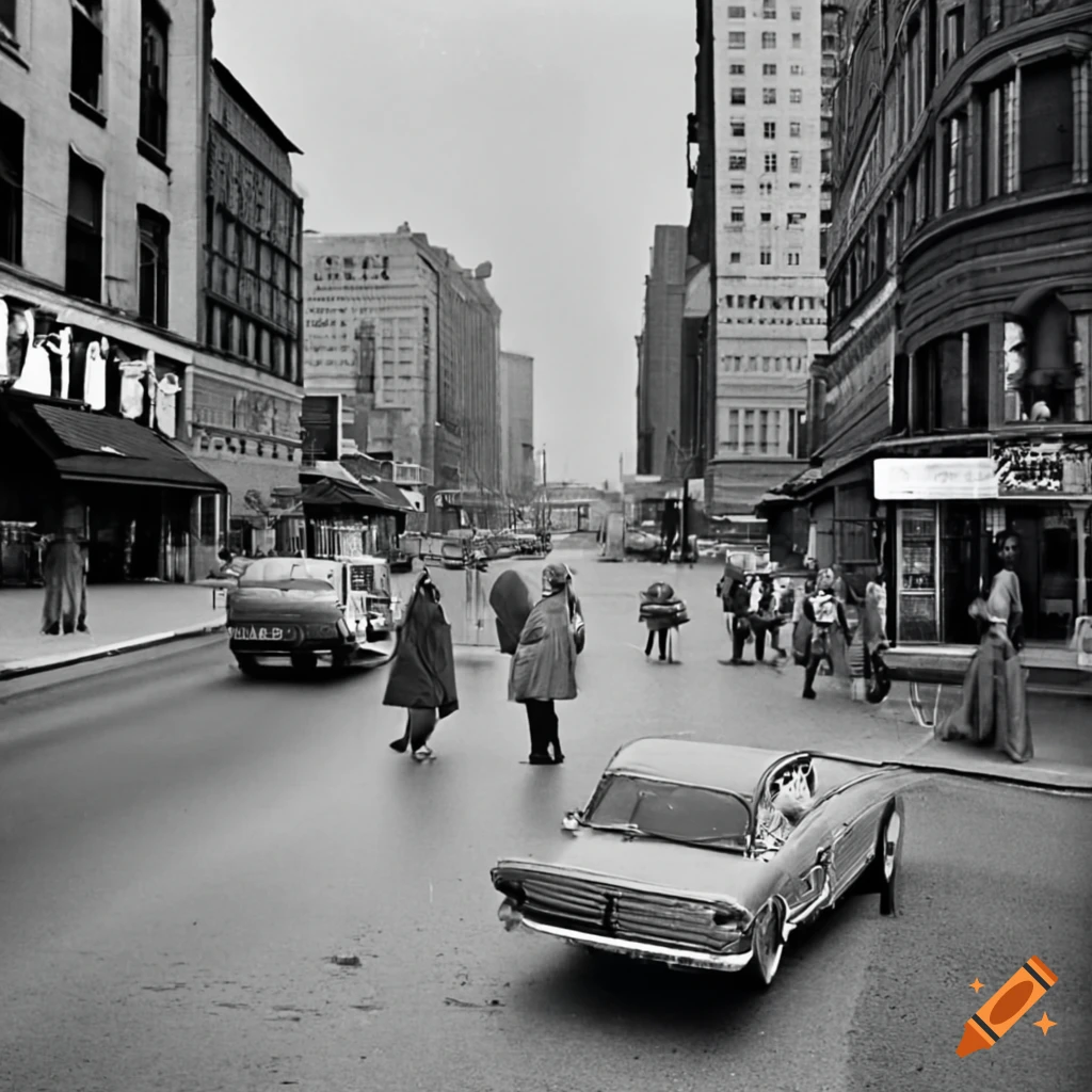 Black-and-white images of American streets in the 1950s and 1960s with people in everyday life