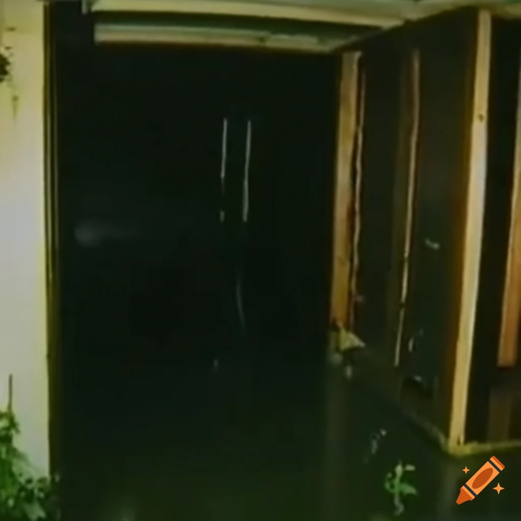 Creepy flooded room with moss and plants growing in VHS style