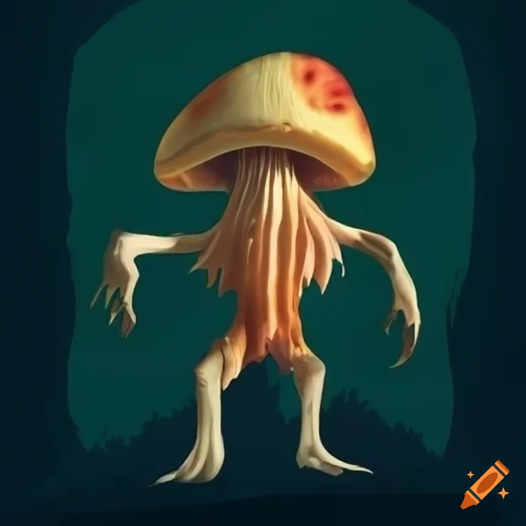 Mushroom character inspired by ghost fungus with arms, legs, and face