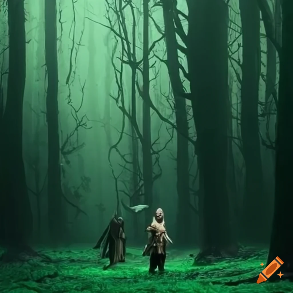 People trading in a forest setting