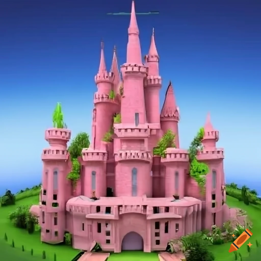 1990 3D render of a pink castle with Y2K Windows XP bliss terrain