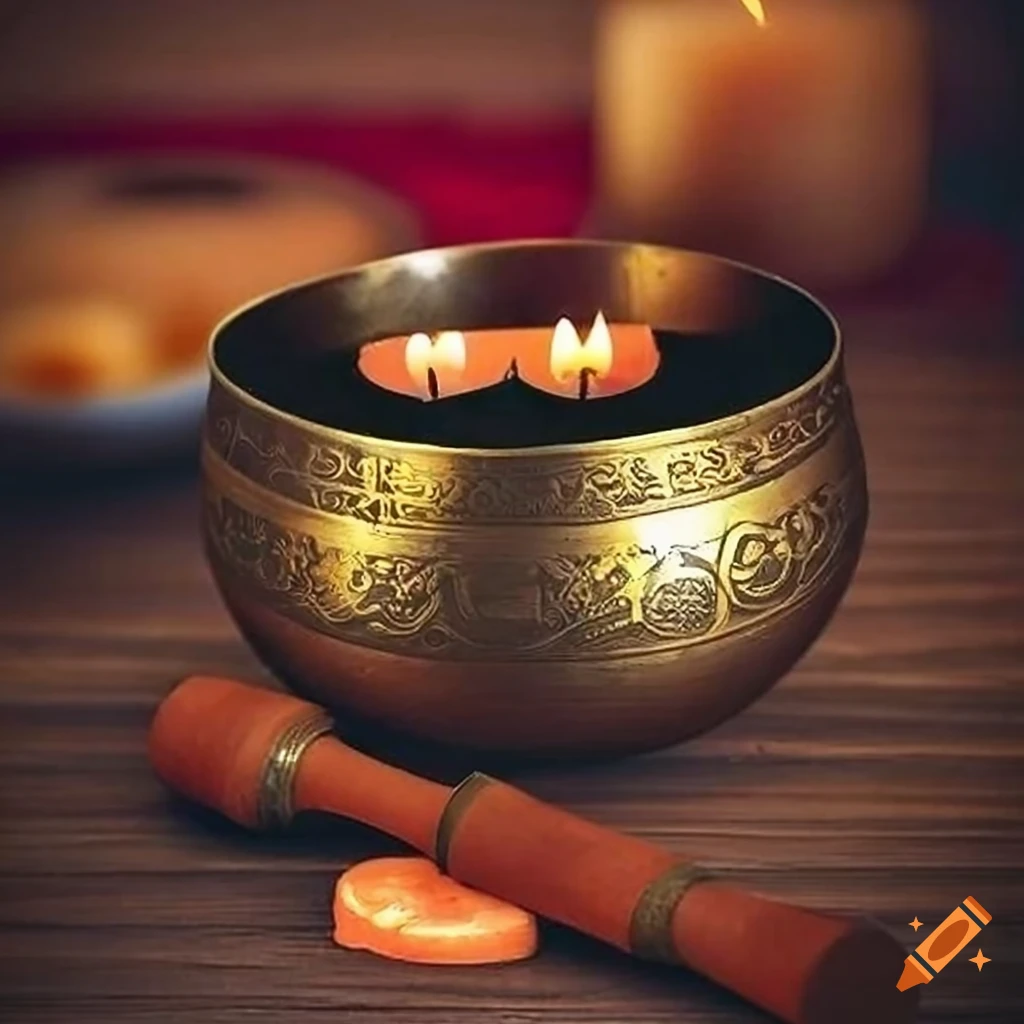 Tibetan singing bowl on wooden table with glowing candles