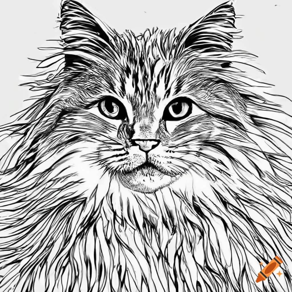 Fluffy cat black and white coloring page with clean line art