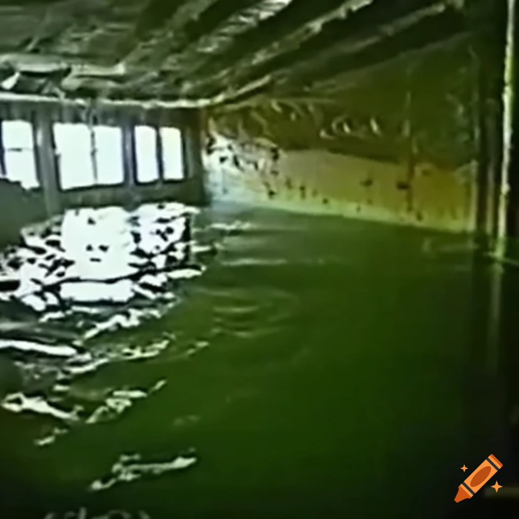 Creepy flooded room with moss and plants growing in VHS style