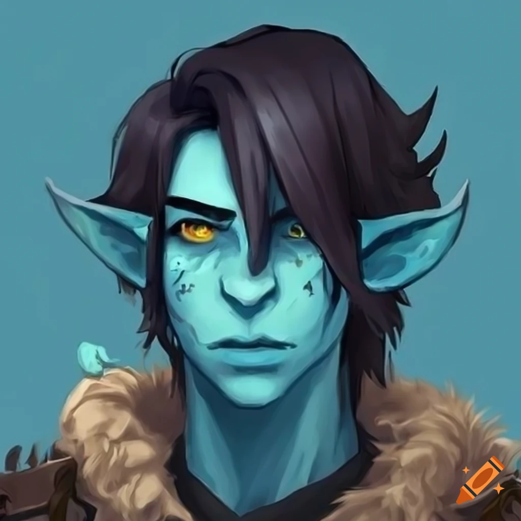 Cute male orc with blue skin, shy demeanor, and bardic traits