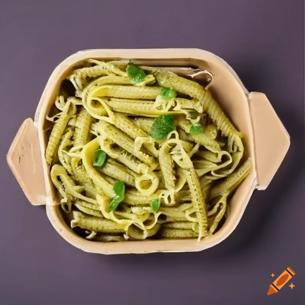 Pesto pasta in a biodegradable container