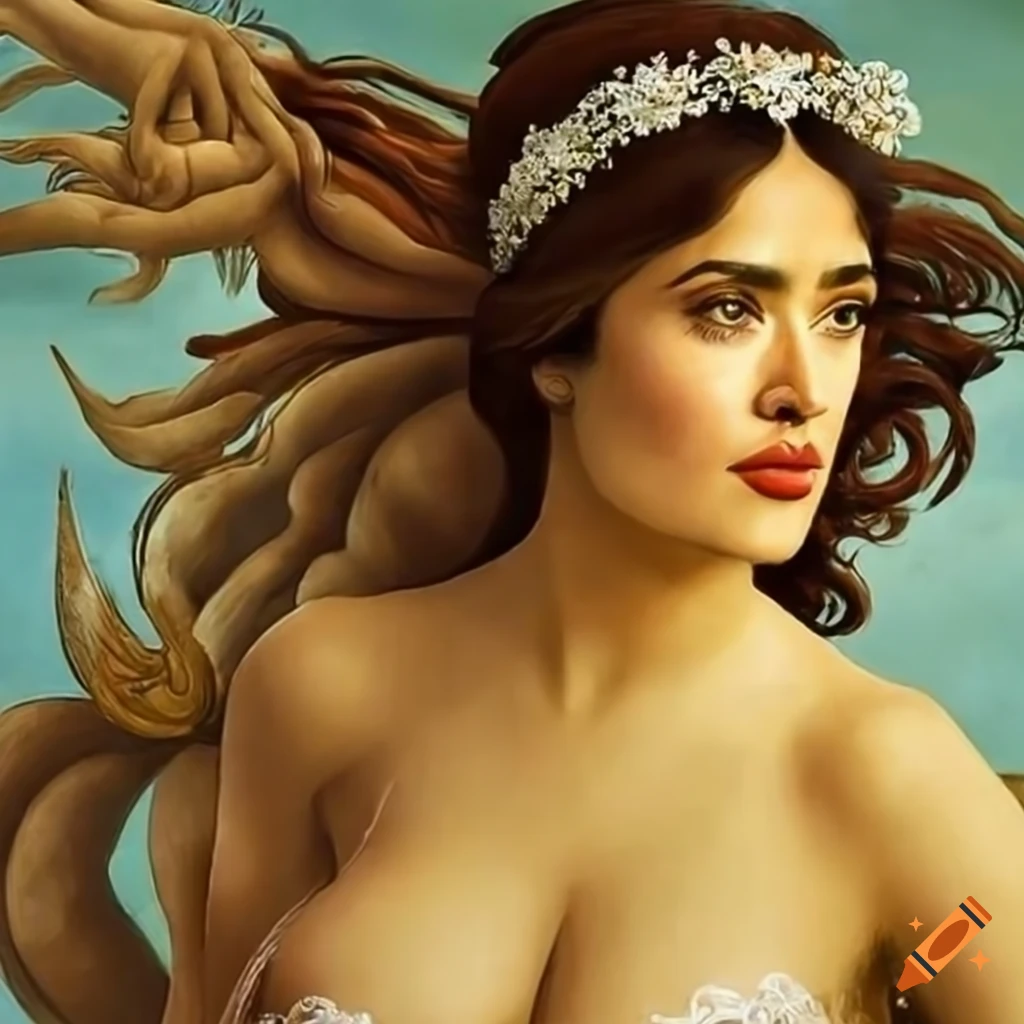Elegant portrayal of Salma Hayek as Venus inspired by Botticelli