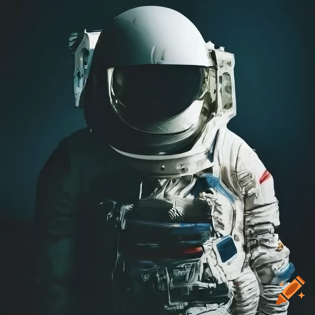 Daring astronaut in front of futuristic spaceship