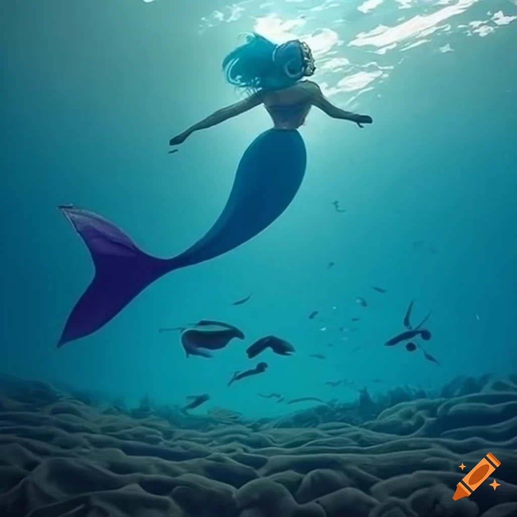 Mermaid with red hair in the deep sea