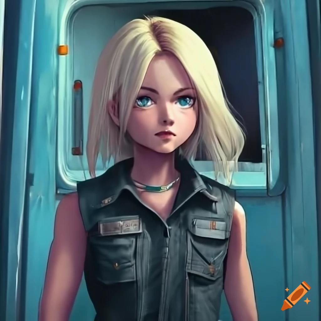 Blonde woman in outlaw biker style outfit