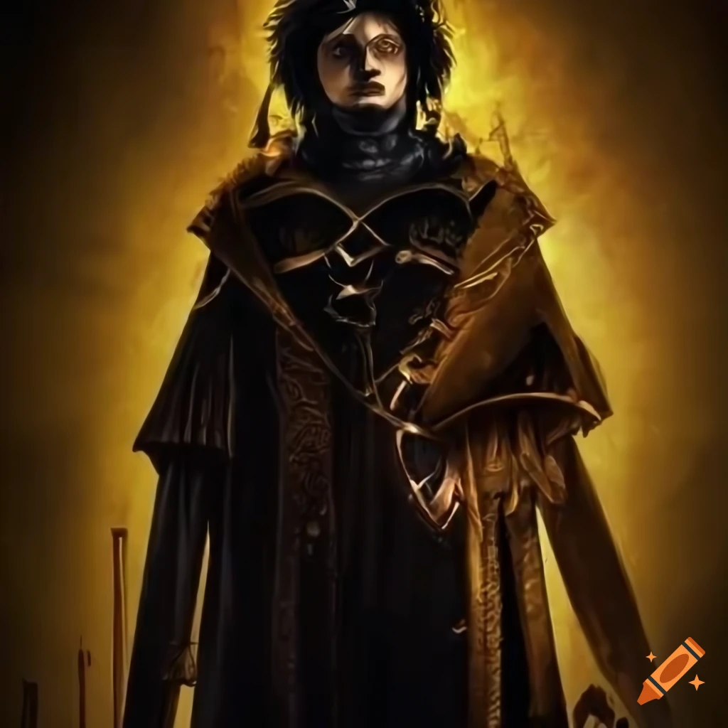 Alchemist man in golden robes with floating lemons on a gold and black background