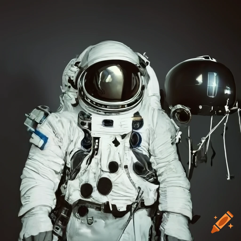 Daring astronaut in front of futuristic spaceship