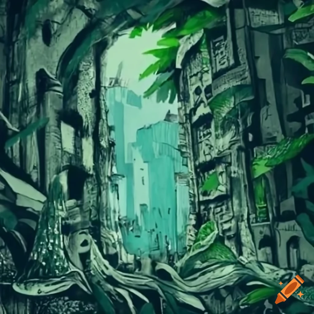 Overgrown rainforest covering city buildings and rubble with banana leaves and vines