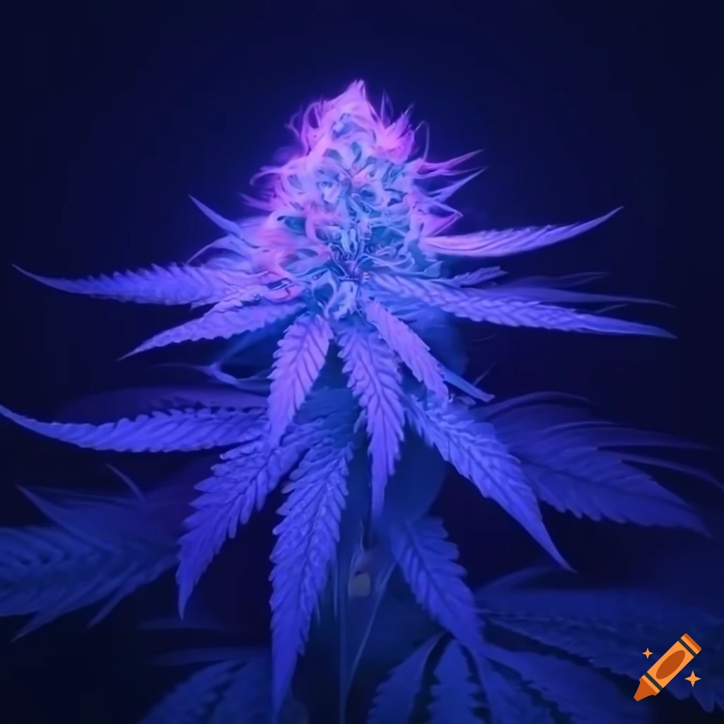 Vibrant pale green cannabis flower made of glowing light on dark blue backdrop