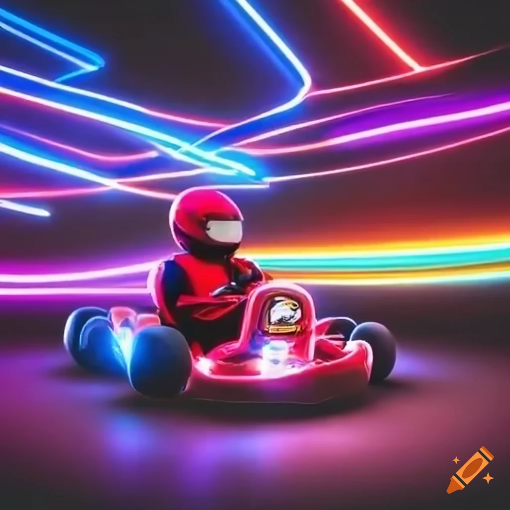 Neon go-kart racing track at night