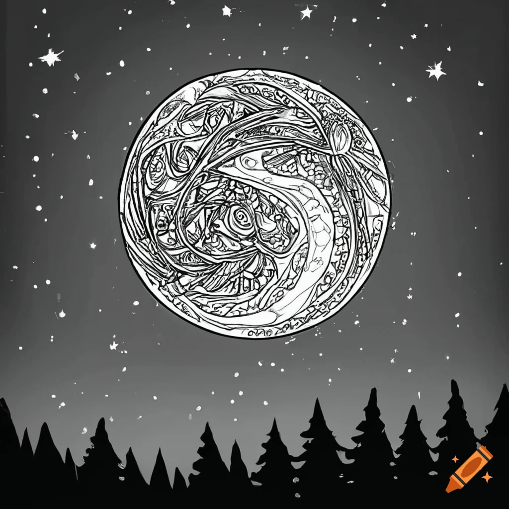 Black and white coloring page of a night sky