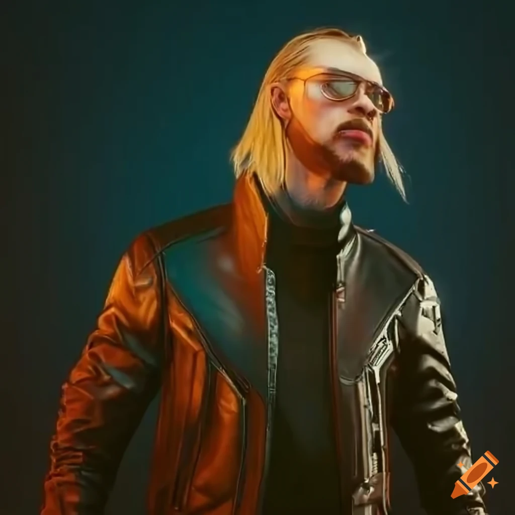 Stylish Cyberpunk 2077 character with long blonde hair and goatee in black leather jacket