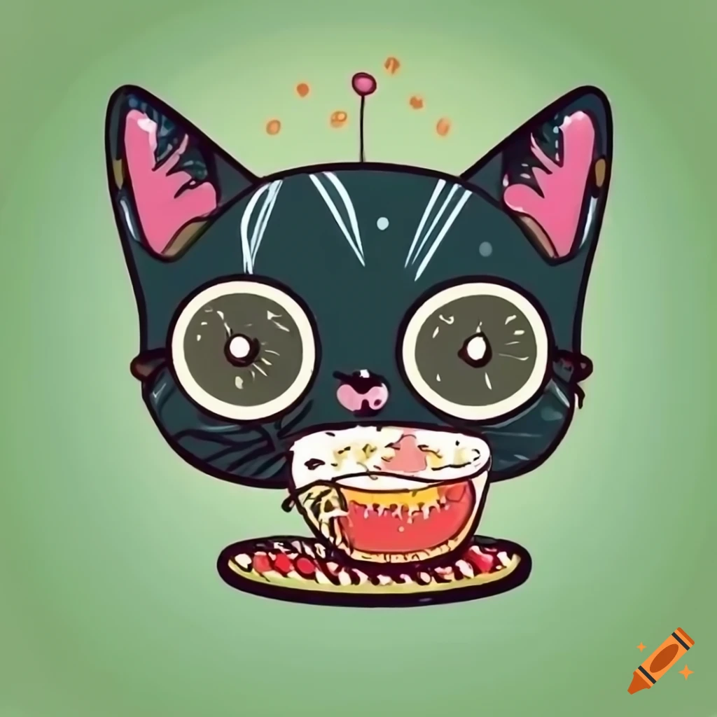 Cute black cat enjoying pasta in the park