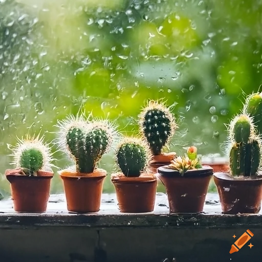 Window with pots of mini cacti, vines, moss, and water puddles in a cozy rainy setting