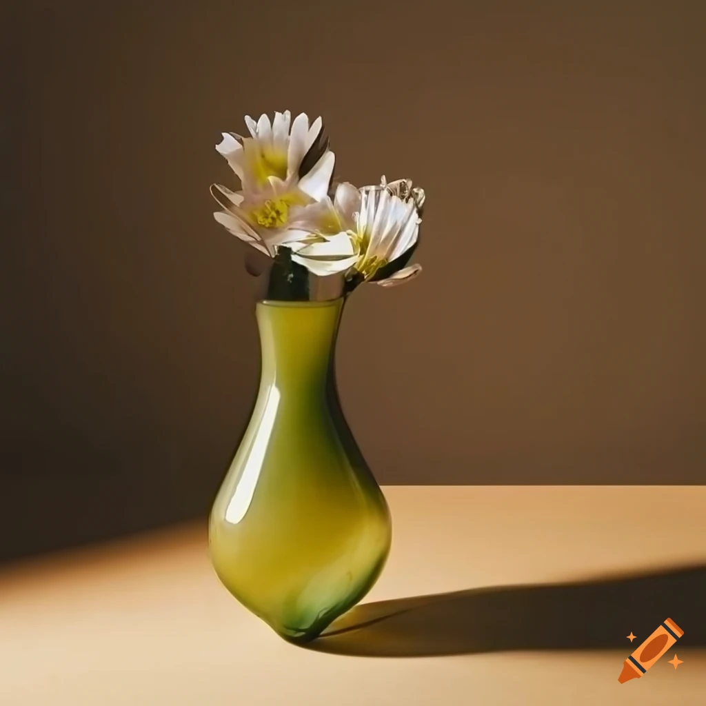 Realistic glass vase with pastel flowers on wooden table under dramatic lighting